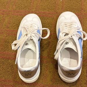 White and Blue Sneakers with Silver Accents